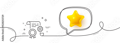 Engineering doc line icon. Continuous line with 3d star. Technical documentation sign. Construction certificate symbol. 3d star in speech bubble. Construction document single line ribbon. Vector
