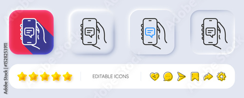 Chat app line icon. Neumorphic, Flat shadow, 3d buttons. Hand hold phone sign. Cellphone with screen notification symbol. Line chat app icon. Social media icons. Vector