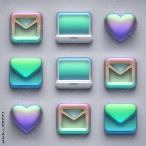 Colorful glossy icons representing digital communication with love symbols and tech gadgets arranged in a modern stylish grid showcasing vibrant geometric design appealing to the digital