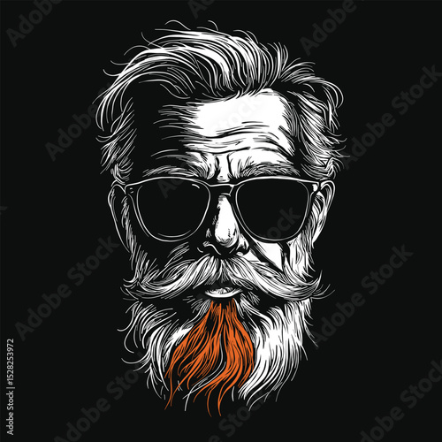 Stylized vector portrait of an older man with sunglasses, full beard, and orange goatee on black background. Ideal for modern, retro, or barbershop themes