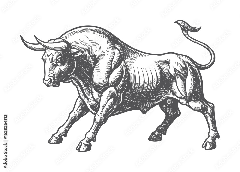 Fototapeta premium muscular bull in mid-charge, capturing strength, aggression, and motion in a bold style sketch engraving illustration. Scratch board