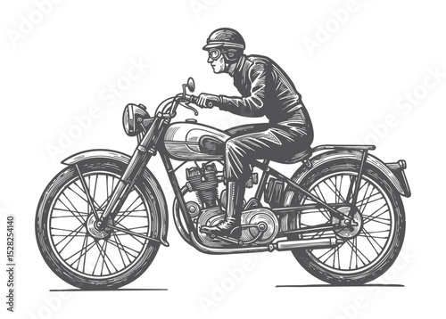 A man riding motorbike. A vintage motorcycle and rider illustration in black and white, isolated on white background.Keywords:
