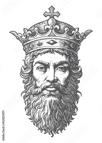 A stylized portrait of a regal, mythological figure, wearing a crown. engraving of king head