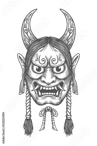 samurai helmet engraving black and white outline. Samurai head with antique engraving ornament style
