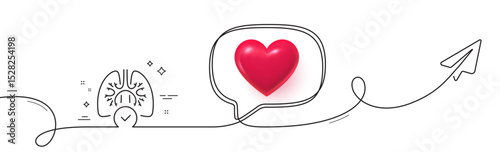 Lungs line icon. Continuous line with share plane. Pneumonia disease sign. Respiratory distress symbol. 3d heart in speech bubble. Lungs single line ribbon. Loop curve pattern. Vector