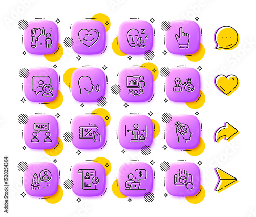 Startup, Discount coupon and Presentation line icons. App 3d buttons. Social media comment, share, like icons. Pack of Social distance, Sleep, Salary icon. Vector