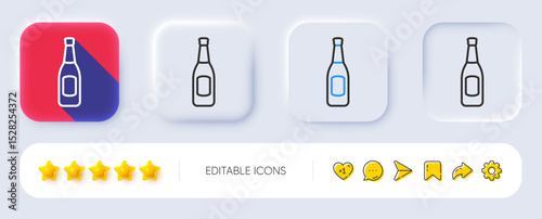 Beer bottle line icon. Neumorphic, Flat shadow, 3d buttons. Pub Craft beer sign. Brewery beverage symbol. Line beer icon. Social media icons. Vector