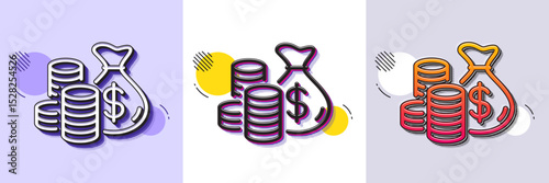Coins bag line icon. Halftone dotted pattern. Gradient icon with grain shadow. Cash money sign. Income savings symbol. Line coins bag icon. Various designs. Vector