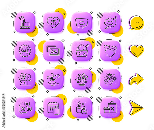 Photo album, Aroma candle and Sleep line icons. App 3d buttons. Social media comment, share, like icons. Pack of Sale, Fireworks stars, Boat fishing icon. Vector