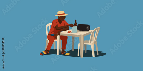 Vector illustration of an elderly Black man in red clothes sitting at a plastic table with a speaker and drink, against a blue background, minimalist style