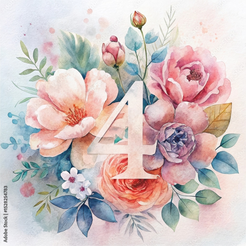 Fototapeta premium Elegant watercolor number four surrounded by beautiful flowers and delicate greenery for decoration and design