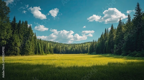 Clear Skies Over a Green Forest Landscape 