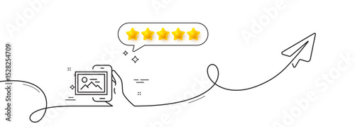 Image album line icon. Continuous line with share plane. Phone photo sign. Smartphone picture gallery symbol. Five star rate review in speech bubble. Image album single line ribbon. Vector