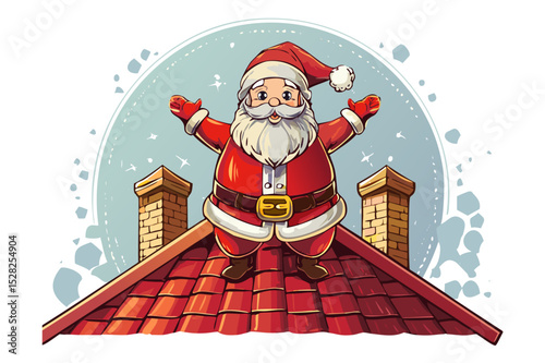 Cartoon character illustration of Santa Claus on roof with boxed gifts lying around, Santa Claus on the roof