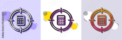 Calculator in target line icon. Halftone dotted pattern. Gradient icon with grain shadow. Accounting or Audit sign. Calculate finance symbol. Line calculator target icon. Various designs. Vector