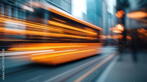 Fototapeta Naklejka Na Ścianę i Meble -  The image captures a city bus in motion, blurring as it speeds by, conveying a sense of urban life and transportation dynamics in a lively environment.