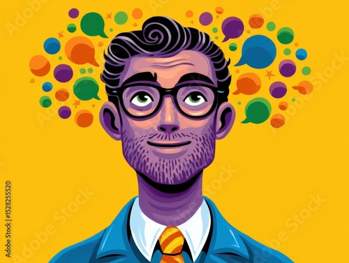Creative man contemplating ideas and thoughts with colorful speech bubbles floating above his head in a vibrant setting highlighting innovation and imagination captured with clarity
