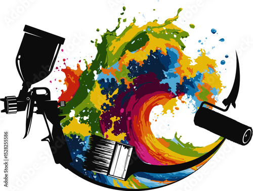 Brush, roller, sprayer and drops of splashes of colored paint. Design for painter and painting
