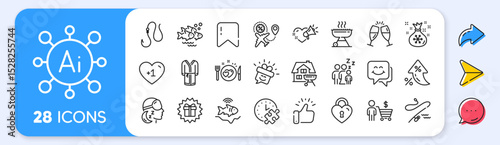 Buyer, Surprise gift and Santa sack line icons. Interest rate, AI generate, Inflation icons. Pack of Smile face, Fishing rod, Fish school icon. Love message, Flight sale, Grill pictogram. Vector