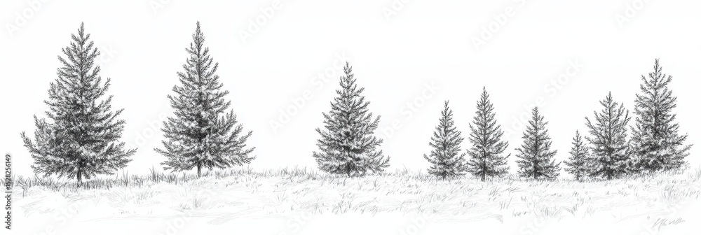 Obraz premium Christmas Illustration Single Line. Continuous Line Drawing of Young Spruce Trees in Field Landscape