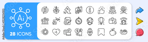 Global business, Info and Seo timer line icons. Interest rate, AI generate, Inflation icons. Pack of Voice wave, Air balloon, Money currency icon. Vector