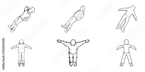 People Outlines In Various Poses From Black Lines Isolated. Top View Of Individuals Lying, Standing, And Stretching. Isometric Vector Illustration