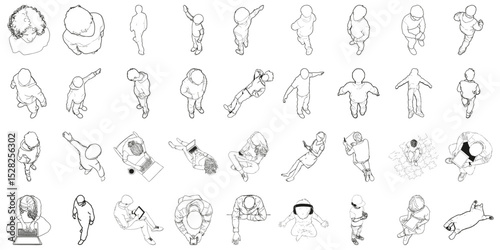 People Outlines In Various Poses From Black Lines Isolated. Overhead View Of Men, Women, And Children Engaged In Different Activities. Isometric Vector Illustration