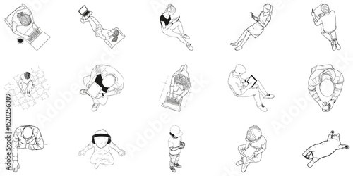 People And Animal In Various Activities Outline Set. Top View Line Collection. Digital Interaction And Leisure. Isolated Vector Illustration