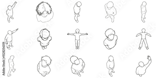 People Outlines In Various Positions From Black Lines Isolated. Top View Of Individuals In Different Stances. Isometric View. Isolated Vector Illustration