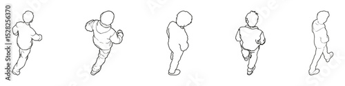 Children Running Outline Isometric View Set. Dynamic Movement And Activity Line Collection. Fitness And Play Theme. Isolated Vector Illustration