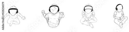 Children With Headphones In Various Sitting Positions Isometric View Outline Set. Audio Experience And Relaxation Line Collection. Isolated Vector Illustration