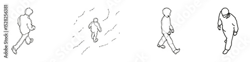 Walking People Outline Silhouette Set. Men And Women Walking In Various Directions. Isometric View. Isolated Vector Illustration