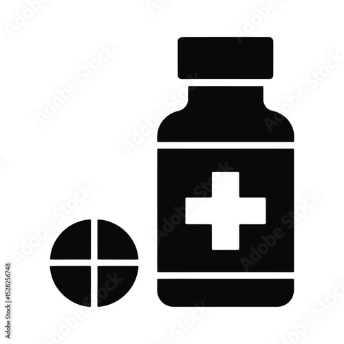  Silhouette of medical cross symbols on bottle and pill against white background