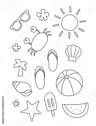 Summer objects element doodle illustration isolated vector. Clip art of crab, ball, watermelon, glasses, sun, ice cream cute drawing for coloring book, material, elements, design, asset