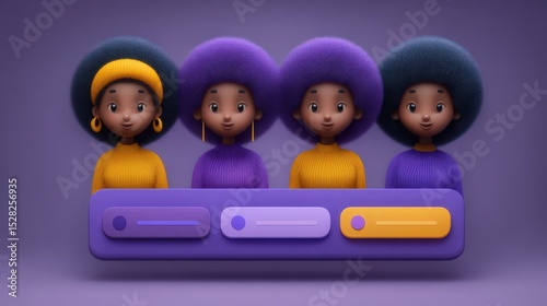 Four stylized characters with colorful afro hairstyles smiling in front of a vibrant purple background showcasing unique sweater designs and playful expressions filled with joyfulness and