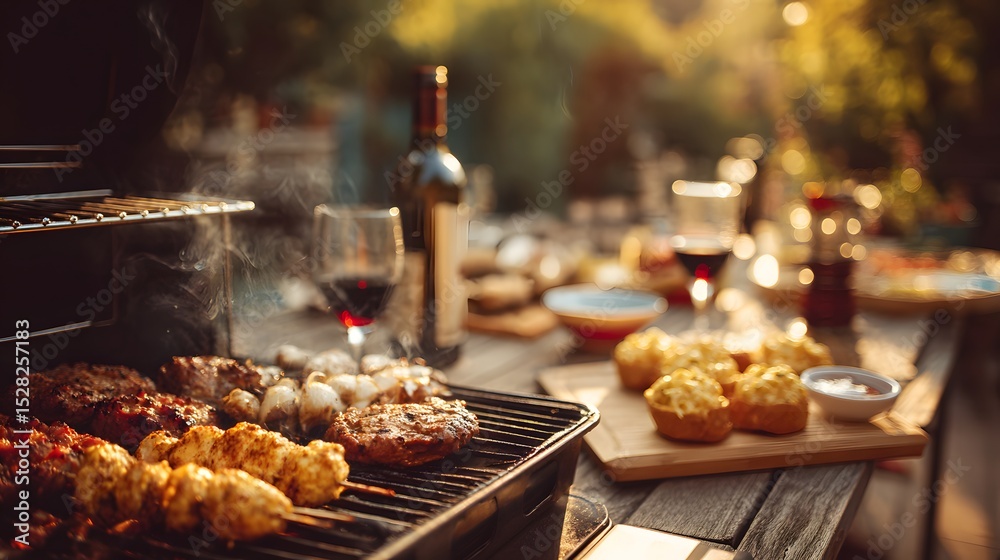 Fototapeta premium Enjoy a summer barbecue with delicious grilled food, wine, and good company.