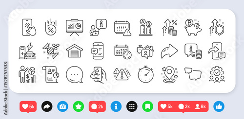 Phone message, Speech bubble and Fitness line icons pack. Social media: share, comment, like icons. Loan percent, Work home, Calendar web icon. Vector