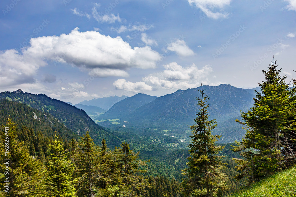 Obraz premium Panoramic view of the Bavarian Alps in southern Germany with green alpine forests, rugged mountains, and a scenic valley under a partly cloudy summer sky