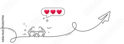 Travel sunglasses line icon. Continuous line with share plane. Trip sun glasses sign. Holidays symbol. Hearts rate review in speech bubble. Sunglasses single line ribbon. Loop curve pattern. Vector