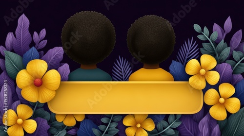 Vibrant illustration of two figures with textured hairstyles surrounded by colorful tropical flowers and lush foliage creating an engaging backdrop for artistic expression