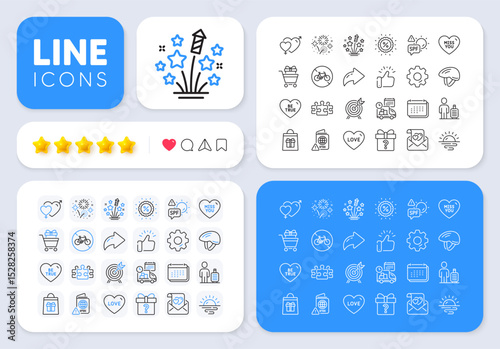 Baggage, Miss you and Delivery line icons for web app. Message, Share, Like social media icons. Pack of Spf protection, Secret gift, Bicycle helmet pictogram icons. Vector