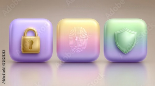 Colorful security icons representing digital safety with a lock fingerprint and shield in a soothing pastel design highlighting trust technology and innovation for modern applications