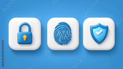 Digital security icons representing padlock fingerprint and shield on a vibrant blue background highlighting concepts of online safety and identity protection for modern technology users