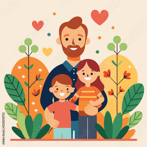 Happy cartoon family of four enjoying fun summer in the park with their children, surrounded by flowers and trees, a perfect illustration of love and childhood joy
