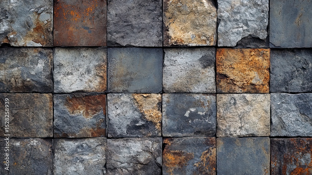 Fototapeta premium Close-up view of a stone wall composed of square tiles in various shades of gray, brown, and orange