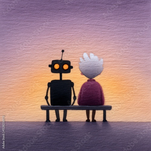 Robot and elderly figure sharing a serene moment on a park bench against a warm sunset backdrop emphasizing companionship and the fusion of technology with human connection