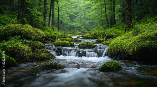 Calm Mountain Stream Surrounded by Moss 