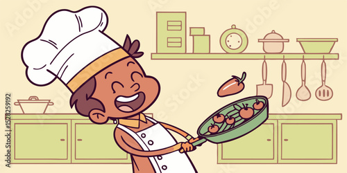 Happy Child Chef Cooking Delicious Food in a Kitchen Setting Perfect for Branding and Culinary Designs