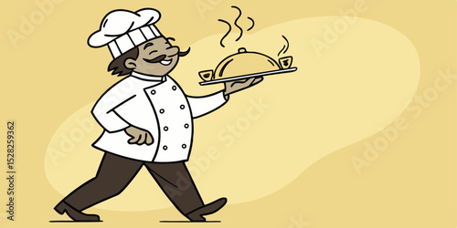 Happy Chef Walking and Carrying a Food Platter Delicious Cuisine Restaurant Illustration
