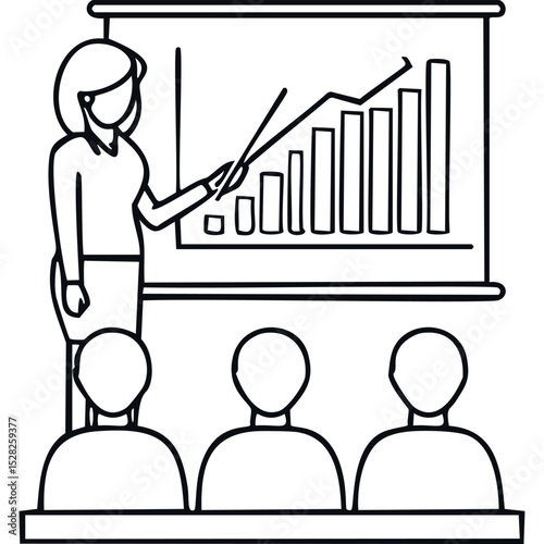 One-line vector icon showing a person presenting in front of a chart or graph. Perfect for business meetings, workshops, corporate training, and pitch decks. Clean black outline design suitable for di